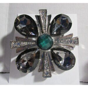 Coat Brooch - Silver Tone Smoke Grey and Green Center Cabochon Statement Pin